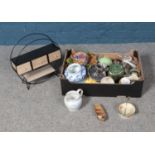 A box of miscellaneous to include assorted ceramics, silver plate candlestick holder and circular