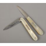 Two Victorian silver bladed and mother of pearl folding fruit knives, one with bar insert