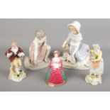 Five ceramic figures. Including two Nao by Lladro, pair of Dresden figures and a Royal Worcester