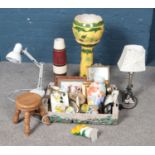 A box and collection of loose miscellaneous. Includes jardiniere on stand, decorative vase,