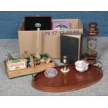 A large assortment of collectables, to include mahogany serving tray, Cognac advertising decanter,