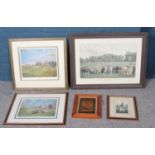 A quantity of cricket and golf themed paintings and prints including St. Andrews golf course and "