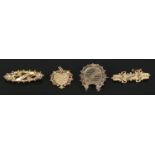 Thre 9ct Gold and one yellow metal Mizpah brooches. Total weight: 16.33g