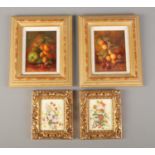 Four framed miniature oil paintings, to include two depicting still life fruit and two of autumnal