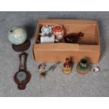 A box of miscellaneous to include banjo barometer, Beswick birds, tin globe and novelty Coronation