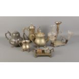 A quantity of assorted metal wares including pewter tea pot, silverplated coffee pot and candlestick