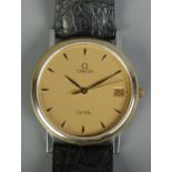 A boxed Gentleman's gold plated stainless steel Omega DeVille quartz wristwatch. Back loose.