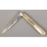 A Victorian fruit knife with mother of pearl scales and silver blade. Assayed Sheffield 1872 by