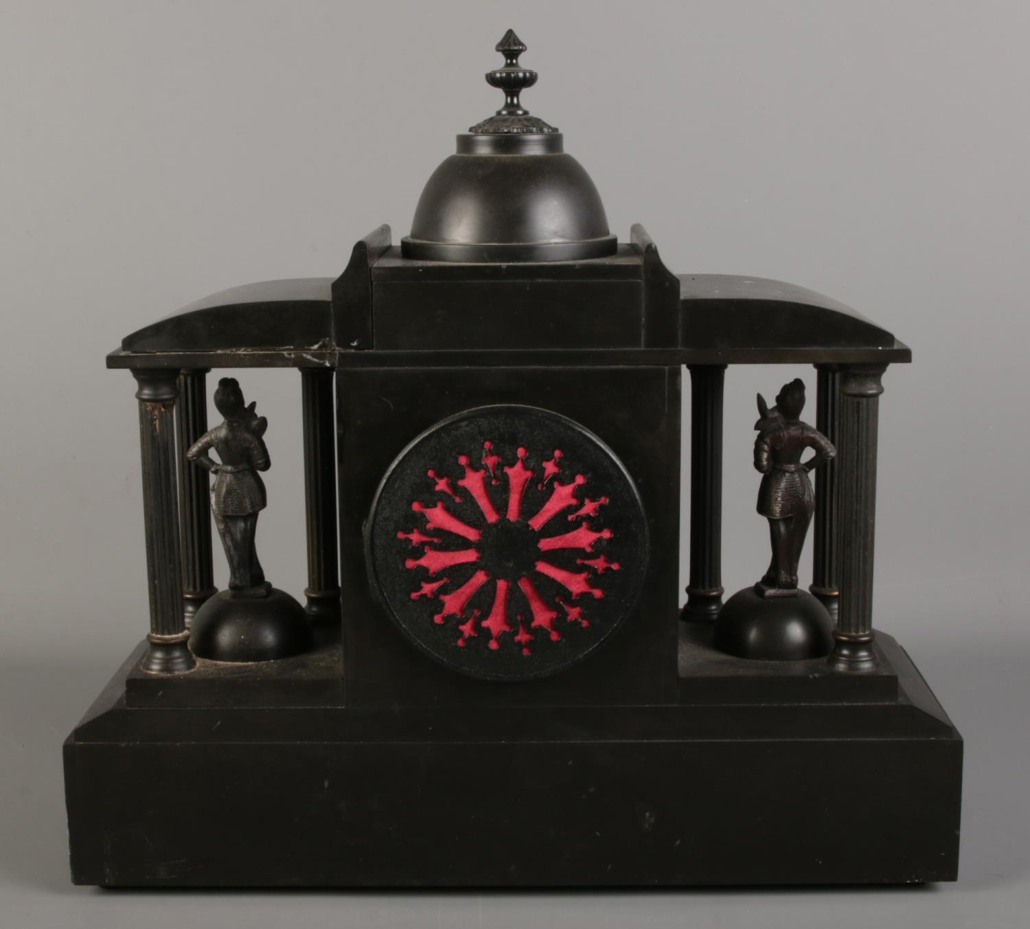 A black slate mantel clock, formed as a Roman colosseum, with Corinthian pillars surrounding soldier - Image 2 of 3