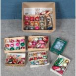 A box of Christmas baubles. Including vintage examples, etc.