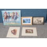 A quantity of animal themed paintings including horse racing oil on canvas and Basset Hound water