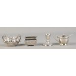 A collection of table silver. To include mustard pot with blue glass liner and spoon, two silver