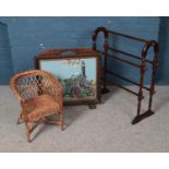 A turned mahogany towel rail, fire screen with needlepoint of a steam tractor and a child's chair.