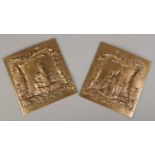 A pair of cast bronze plaques, with scenes depicting Continental castles. 21.5cm x 20.5cm.