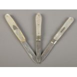 Three silver bladed and mother of pearl fruit knives, all assayed for Sheffield; 1891, 1897 and 1905