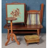A collection of assorted furniture. To include plant stand, tapestry screen, small footstool and