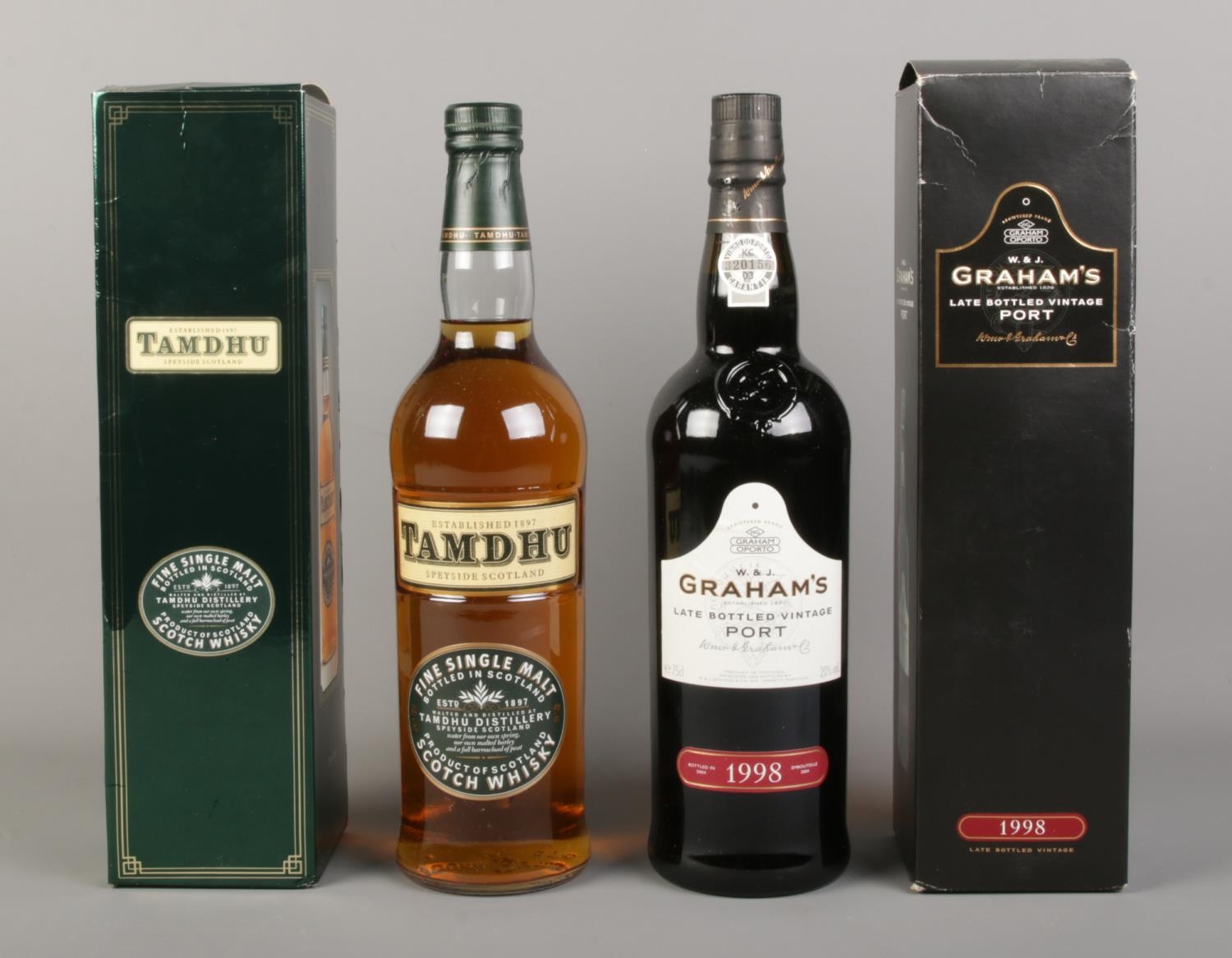 Two boxed and sealed bottles of alcohol. To include Tamdhu Fine Single Malt Whisky (70cl) and