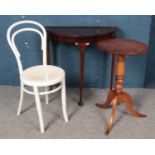 A demi lune side table along with a painted bentwood chair and pine occasional table.