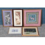 A quantity of framed pictures and prints, to include silk work and vintage Chinese photographs.