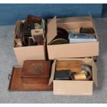 Three boxes of miscellaneous including small quantity of records, postcards and decorative boxes.