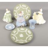 A collection of ceramics. Includes Wedgwood and Doulton figures of ladies and Wedgwood Jasperware.