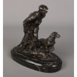 After Mene, A bronze figure group of man and dog hunting. Raised of marble plinth. (18cm)