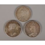 Two Victorian crowns and a double florin. 1844 and 1889 crowns and 1887 double florin.