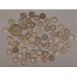 A collection of 1920 and earlier British silver coins. Includes 1920 half crown and three pence