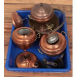 A box of metalwares. Includes copper samovars (two for repair), brass jam pan and irons.