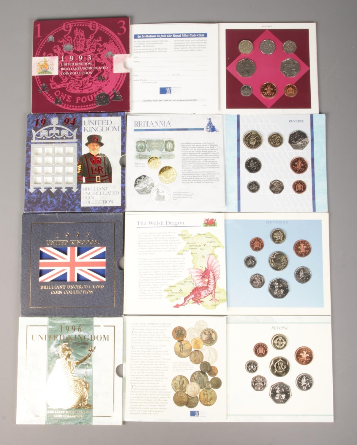 The Royal Mint; four sets of yearly uncirculated coins from 1993-96.