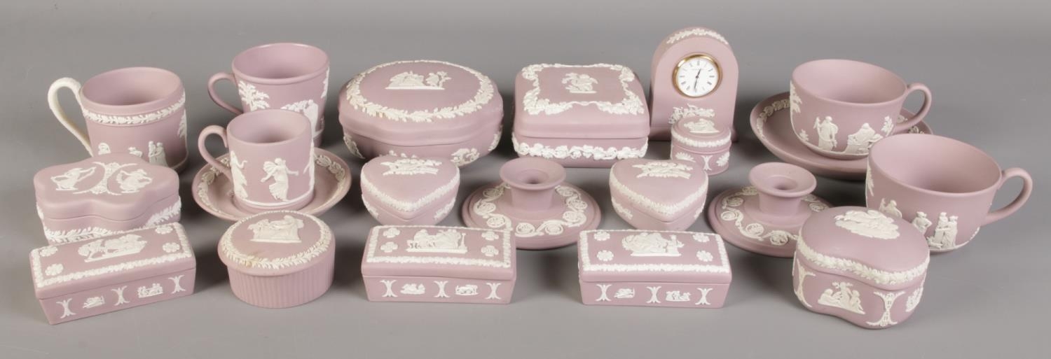 A good collection of Wedgwood Lilac Jasperware. To include large lidded trinket dishes, cups and