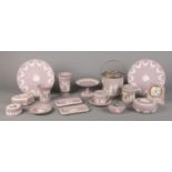 A good collection of Wedgwood Lilac Jasperware ceramics. To include lidded biscuit barrel, cup and