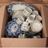 A large box of dinnerwares. Includes Royal Doulton Tapestry and Burslem blue and white.
