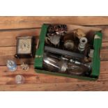 A box of assorted collectables including candlesticks, clocks, mice figures etc.