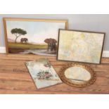 Robert Parry oil on canvas of elephants along with two mirrors and framed a map.