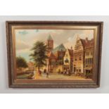 William Heykoop, a large gilt framed oil on board, Dutch canal scene with buildings and figures.