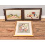 Three still life watercolour paintings including gilt framed flowers example signed M.E Ryder.