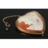 A 9ct Gold mounted cameo heart-shaped brooch, with safety chain.