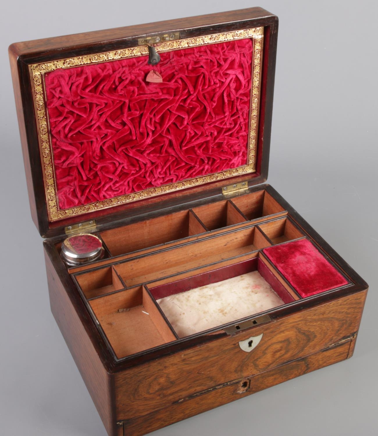A Victorian rosewood box with mother of pearl inlay and fitted interior. - Image 2 of 2