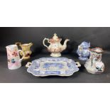 A ceramic collection to include a large teapot with oriental scenes 23cm high approx., Persian