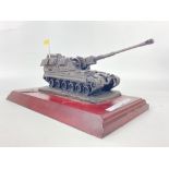 A very detailed, moveable turret, army tank on a wooden plinth with ROYAL ARTILLERY badge a-fixed,