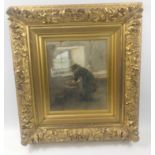 Henry John Dobson RSW (1858-1928) Figure at kitchen window ( cost £1500-2000 in gilt frame 30cm x