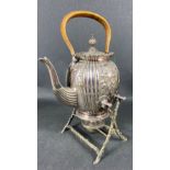 ANTIQUE HIGHLY DECORATIVE EPNS Spirit Kettle with wicker handle on stand with burner