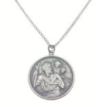 A large silver stamped St Christopher pendant (3cm dia) on a white metal chain, gross weight