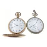 Two pocket watches, the first a gold-plated American pocket watch, dust cover made by the Star