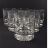 A boxed set of six etched GLEN MORAY whisky tumblers with heavy bottoms!