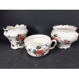 A chamberpot and two jardinieres by JAMES KENT 'Old Foley' ware, chamberpot 22cm dia, jardiniere