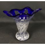 Attractive blue swirled glass vase unsigned, approx