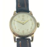 Ladies VINTAGE Yellow Gold Hallmarked OMEGA hand wound wristwatch with brown leather strap - face