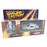 A Corgi BACK TO THE FUTURE 1:36 Delorean Time Machine and Doc Brown White Metal Figure